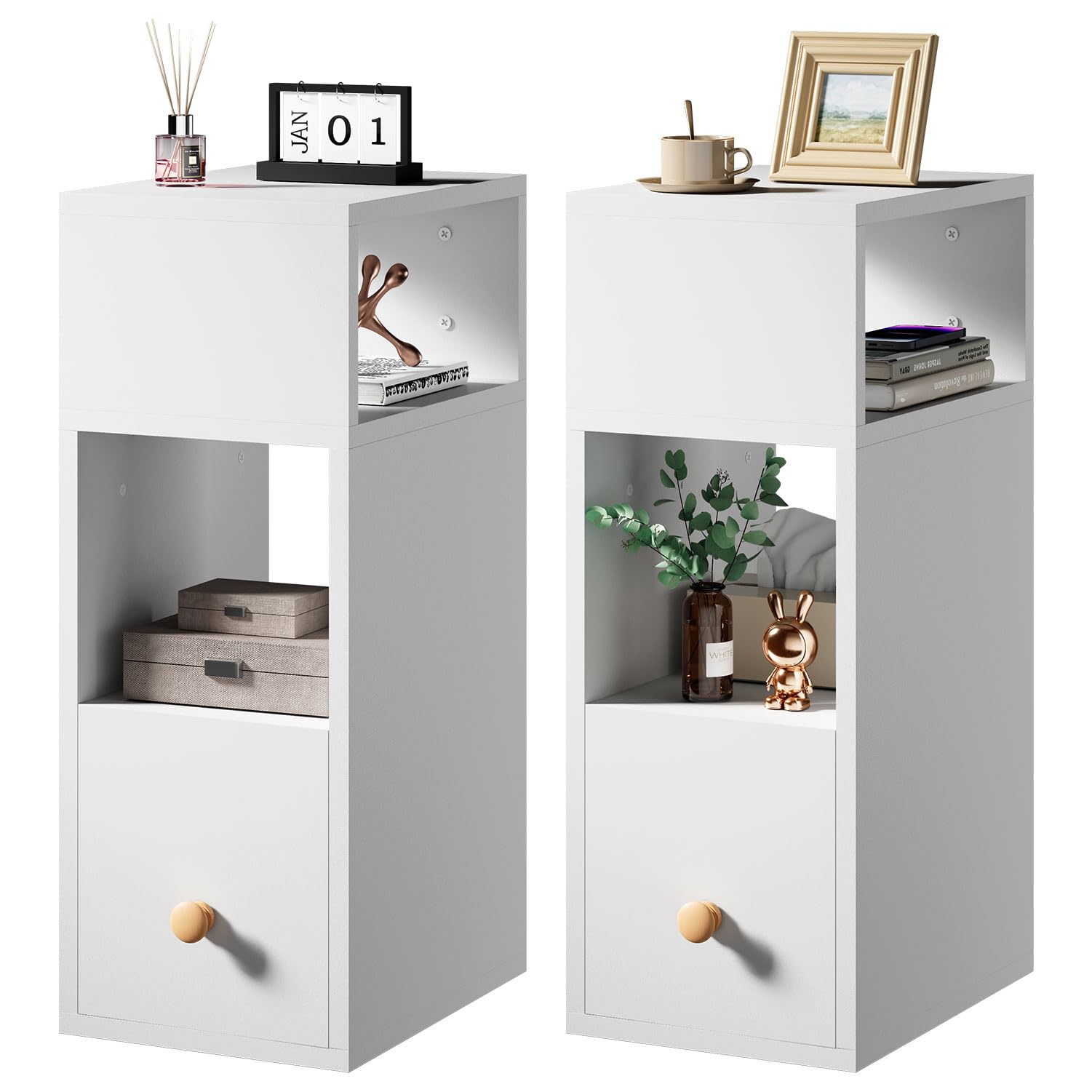 IBUYKE Juego de 2 Mesita de Noche Estrecha, Mesilla de Noche Pequeñas con 2 Compartimentos y 1 Cajón, 20x29x55 cm, Mesa Auxiliar para Dormitorio, Salón, Blanco WNS006W-2