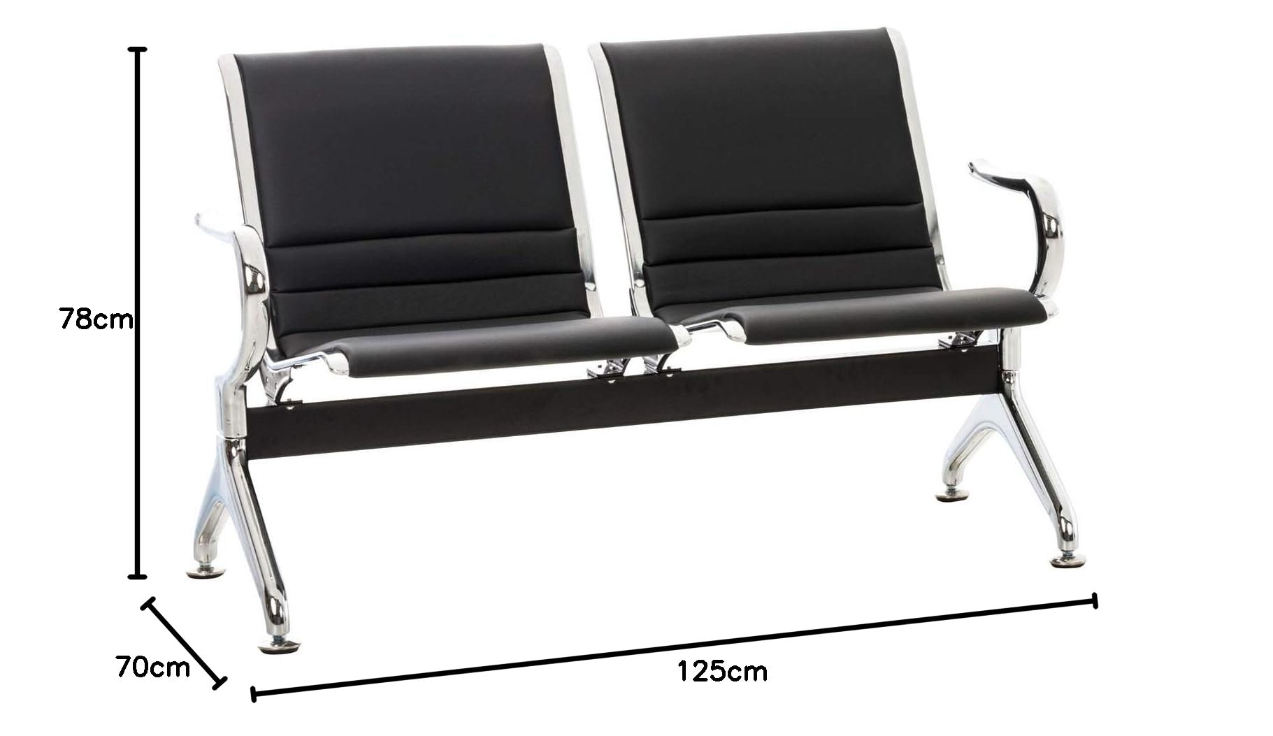 CLP Banc De Zone D'Attente Frankfurt Rembourré I Chaise sur Poutre en Similicuir Et Piètement Chromé I Accoudoirs, Couleur:Noir, Taille:2 Places