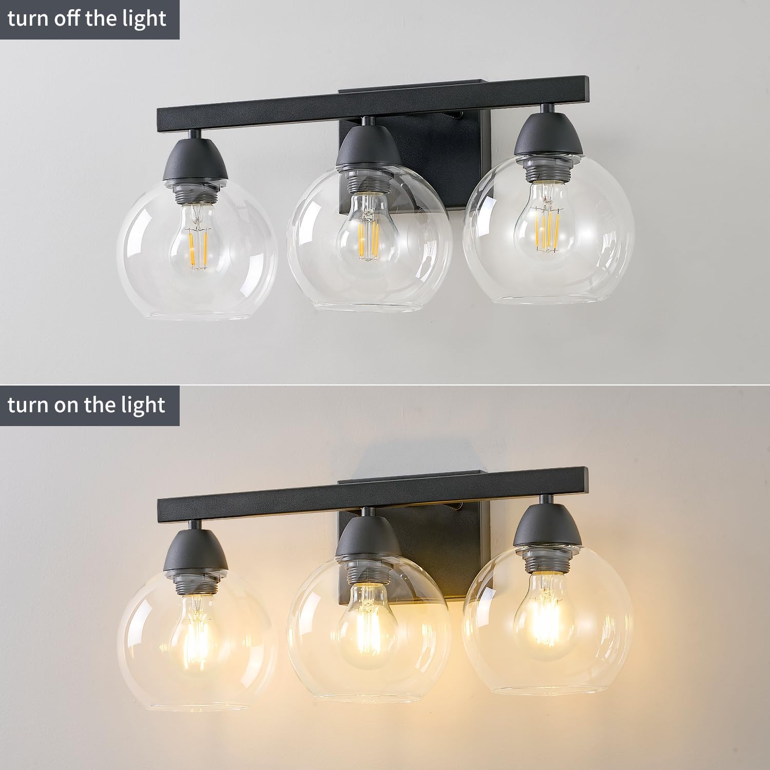 Bathroom Light Fixtures, 3-Light Black Vanity Light with Hand-Blown Globe Glass Shades, Bathroom Lights Over Mirror, Wall Sconces for Mirror, Kitchen, Bedroom