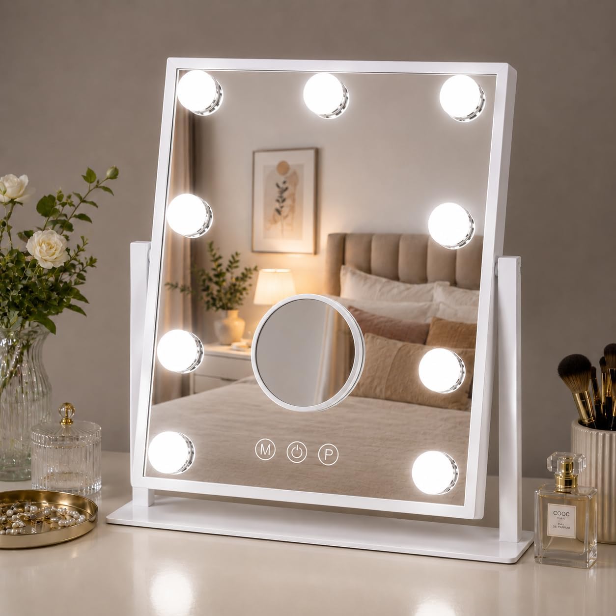 White Hollywood LED Vanity Mirror, 3 Colour Lighting Modes with 9 Dimmable Bulbs, 360° Rotation, Touch Screen Control, Dressing Table Mirror for Bedroom and Makeup, Including Magnifying Mirror