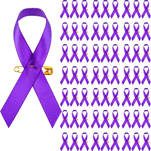 Image of 100PCS Purple Awareness Ribbon Pins Purple Ribbons Awareness Pins for Women Girls Campaigns, Support Groups and Fundraisers Charity Event Survivor Campaign Party Favors Supplies