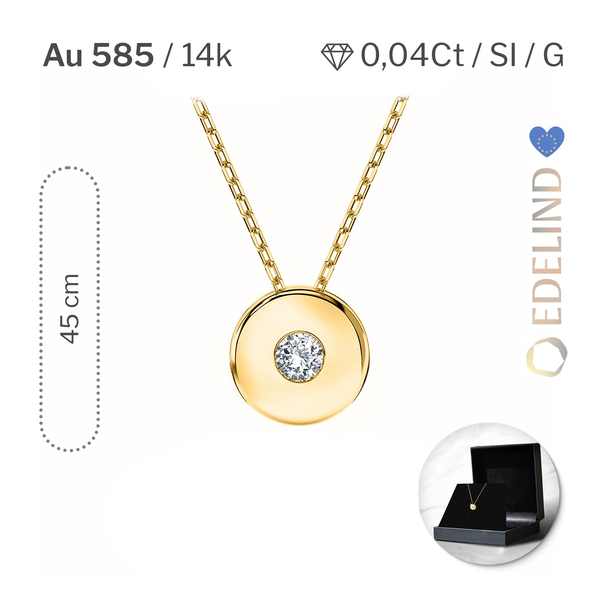 EDELIND Collana Punto Luce Donna con Diamante 0.04 ct in Oro 14k - Ciondolo Design a Disco - Catenina Forzatina, Lunghezza Regolabile