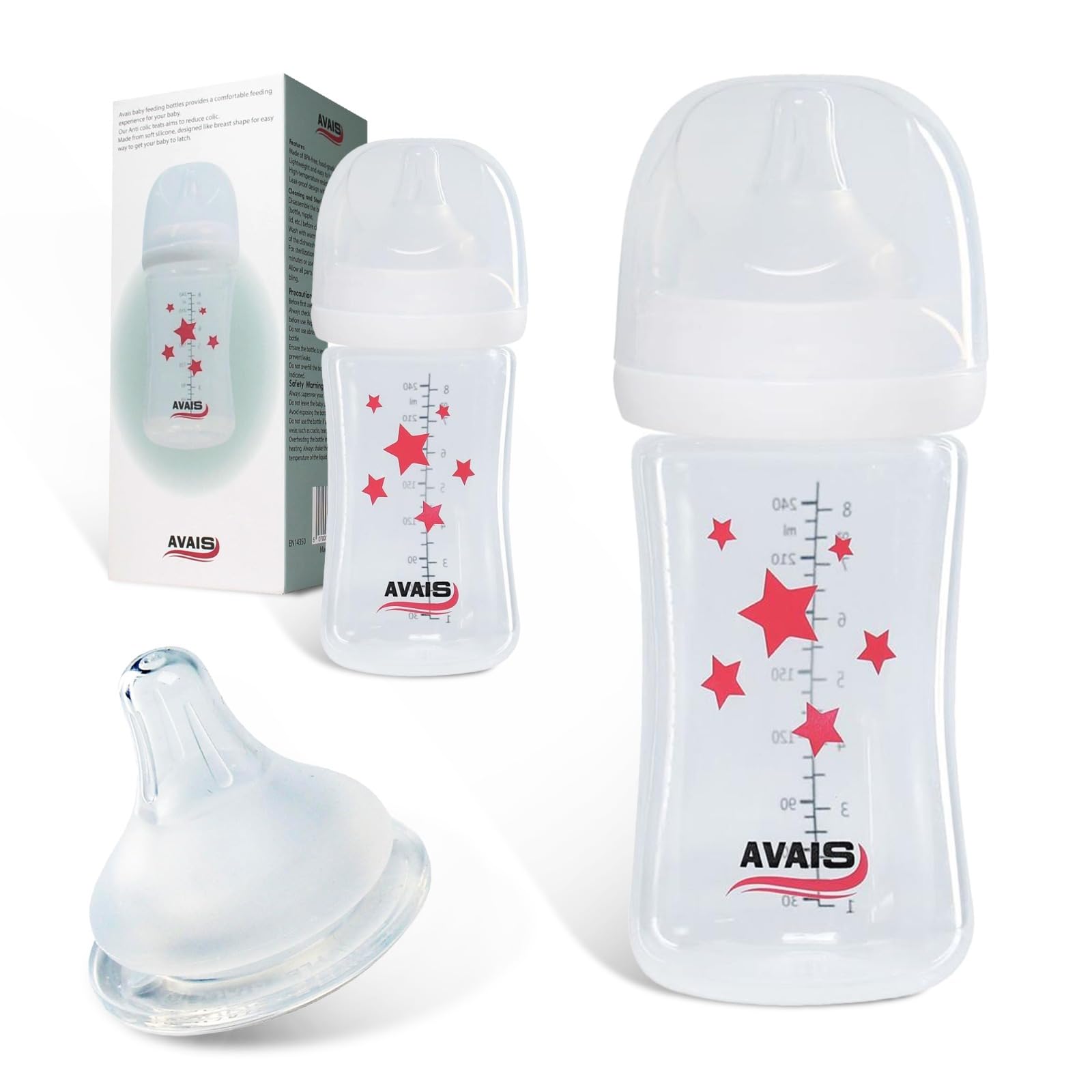 Anti Colic Baby Bottles – 240ml – Natural Feeding Design for Breastfed Babies | Small & Medium Flow Teats (Size 1 & 2) | Reduce Nipple Confusion | Easy Start Milk Feeding Bottle (240 ML)