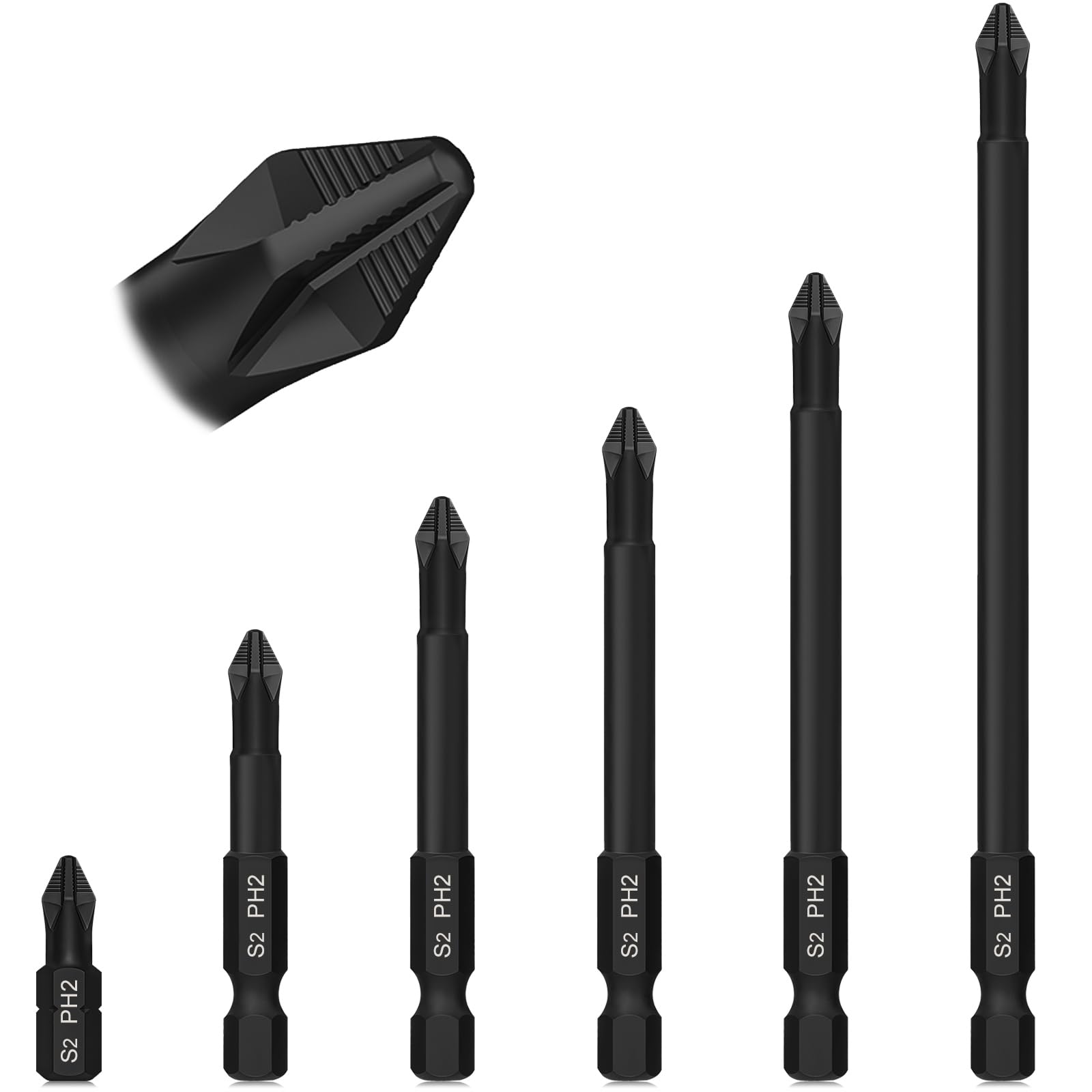 Impact Driver Bits Hakkin 6Pcs PH2 Magnetic Screwdriver Bits S2 Steel Long Impact Screwdriver Driver Bits Anti-Slip PH2 Driver Bits
