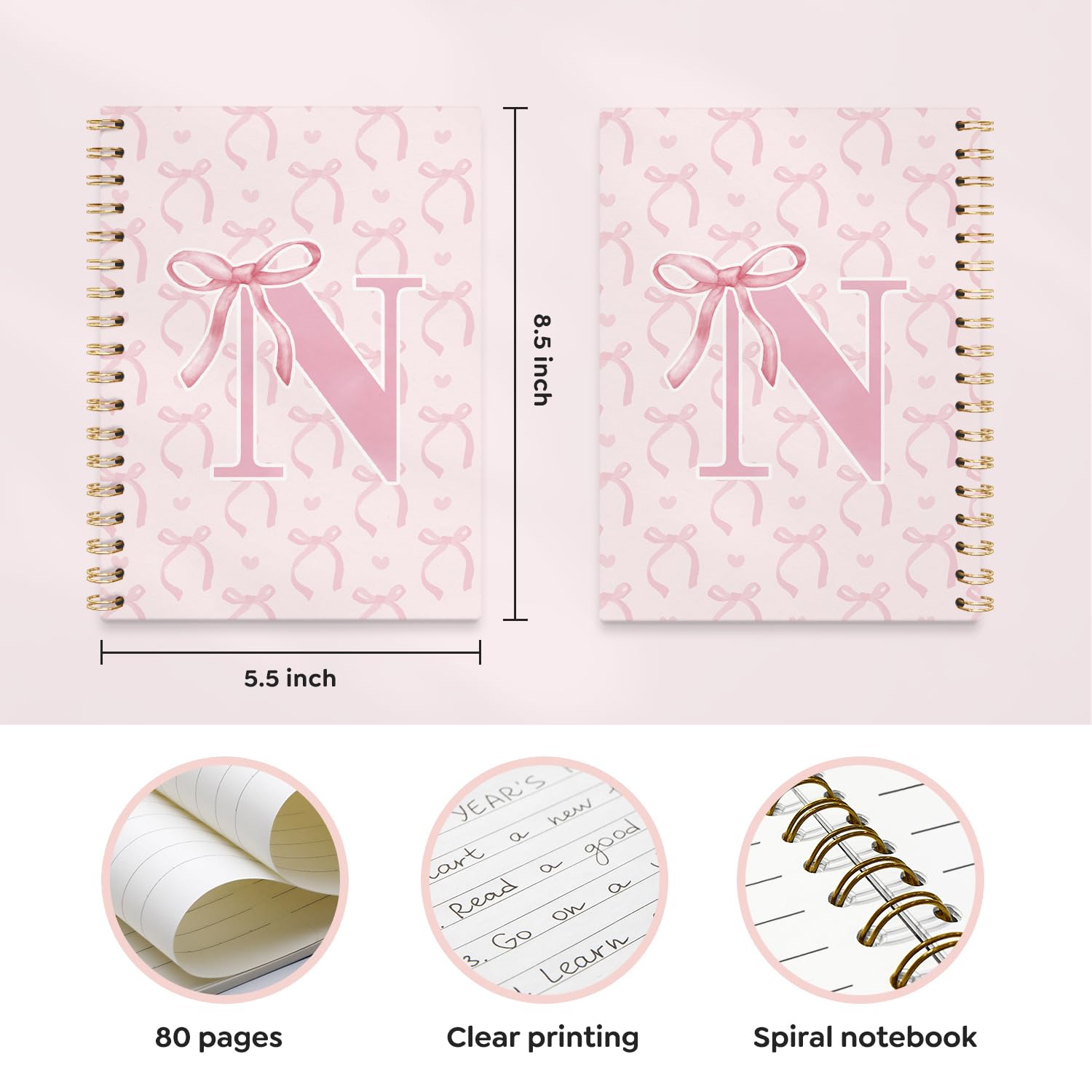 Coquette adrettes Spiralnotizbuch mit rosa Schleife, Initial N Journal, personalisiertes Geschenk für Teenager, Mädchen, trendiges personalisiertes Geschenk für Frauen, Teenager, Mädchen