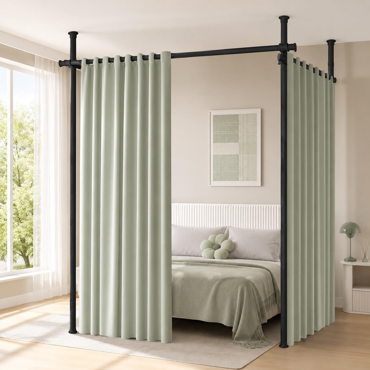 Separador de habitaciones sin taladrar, ajustable 70-354 cm (ancho) 122-310 cm (alto) | Separador de ambientes, biombo, sin cortina, protección visual para salón, dormitorio u oficina, color negro