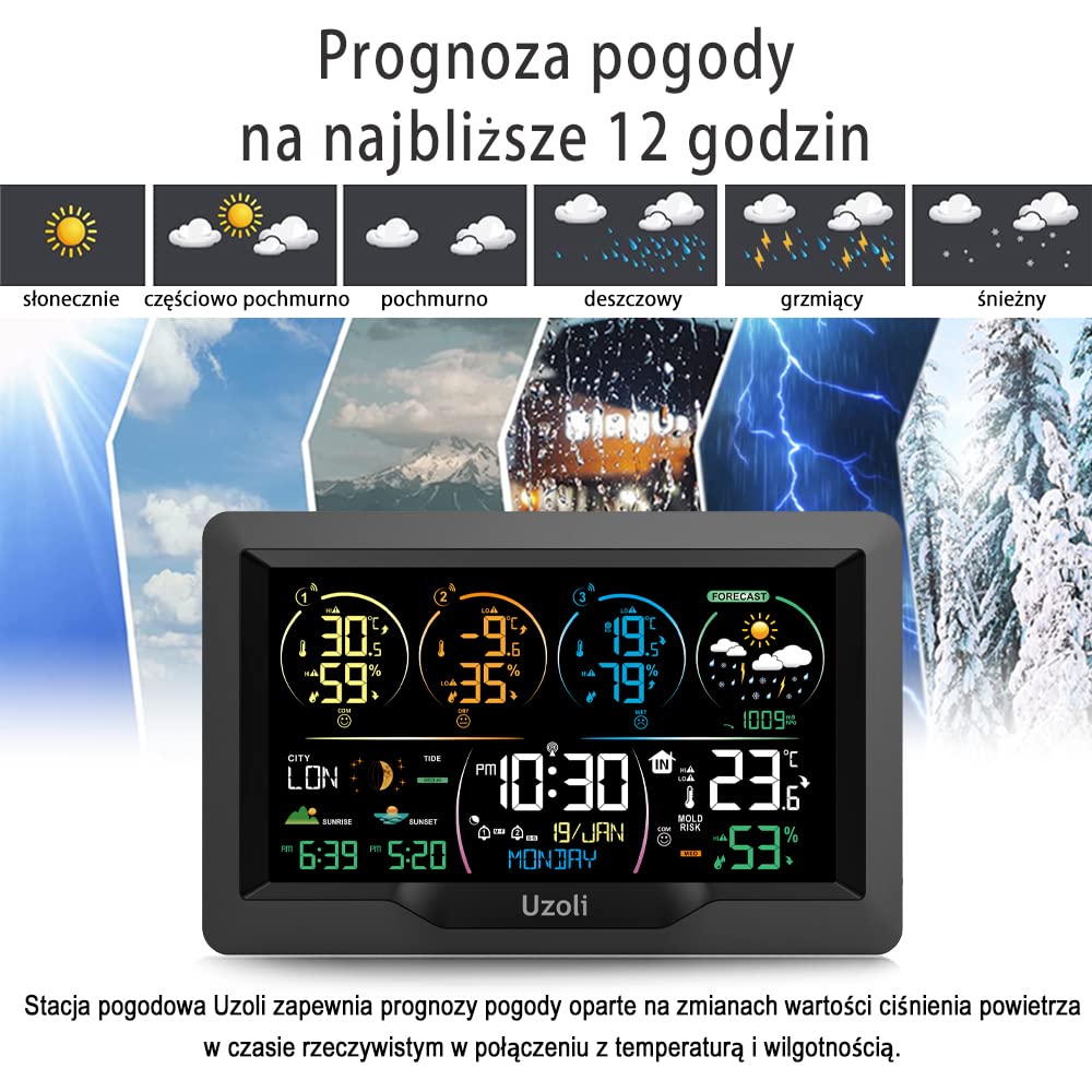 Uzoli Radiowa stacja pogodowa z 3 czujnikami zewnętrznymi, zegar radiowy, kolorowy wyświetlacz, prognoza pogody, termometr, ciśnienie powietrza, wschód i zachód słońca, pływy i fazy księżyca