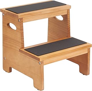 Wooden Step Stool Kitchen Step Stool Natural Eco-friendly Step Stool for Bathroom with Non-Slip 2 Step Stools for Adults Portable Stepping Stool Kitchen Counter Sink Step Stool Foot Stool with Handles
