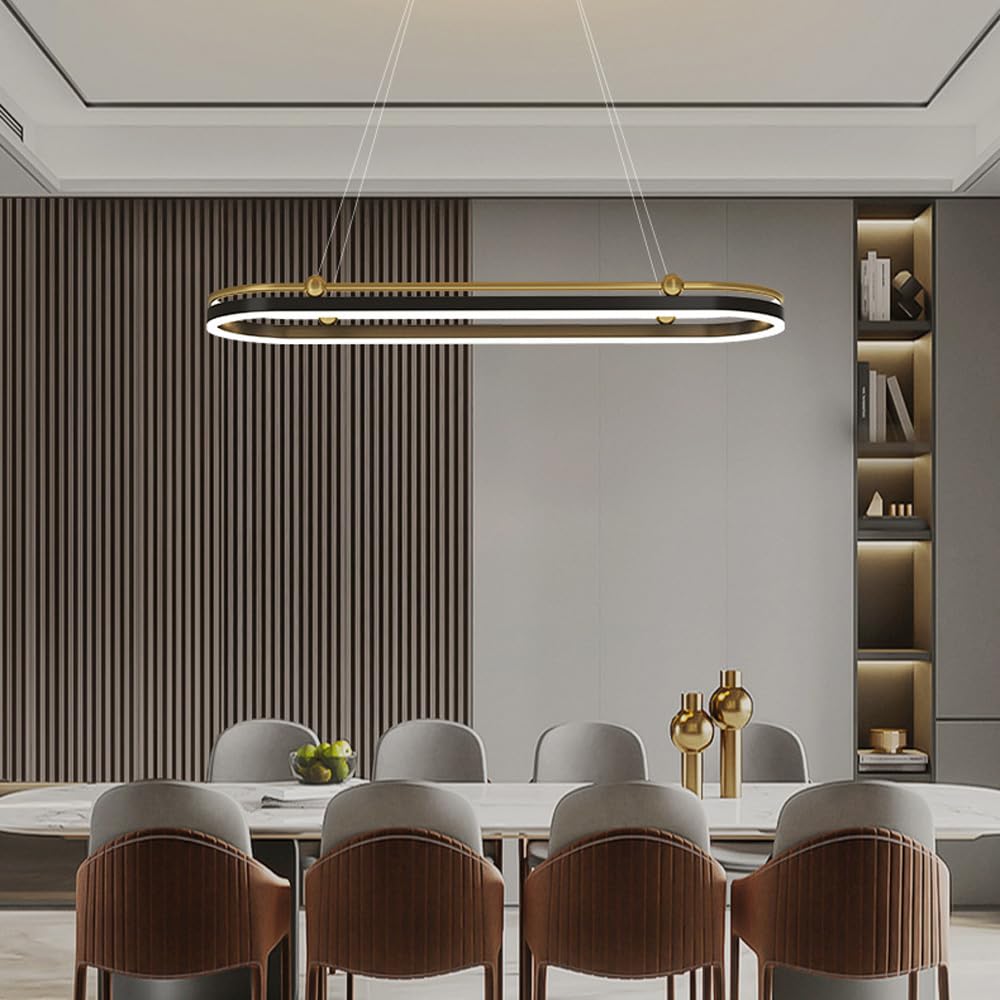 Lampadario rettangolare ad anello a LED per tavolo da pranzo Lampadario circolare di metà secolo 3000K Lampada a sospensione lineare in acrilico nero oro bronzo per isola cucina Soggiorno Hotel Foyer