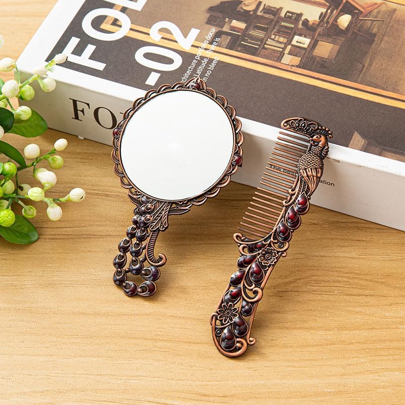 2Pcs/1Set Peacock Embossed Vanity Mirror Comb Set Travel Portable Metal Cosmetic Mirror with Embedded Beads for Women image 4