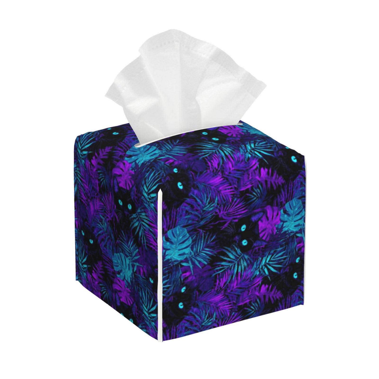 Tropical Black Cat A Print Tissue Box Cover Holder Square, Foldable Modern Cube Tissue Box Cover, Leather Decorative Organizer for Tabletop Bathroom Car Office Desk Decor