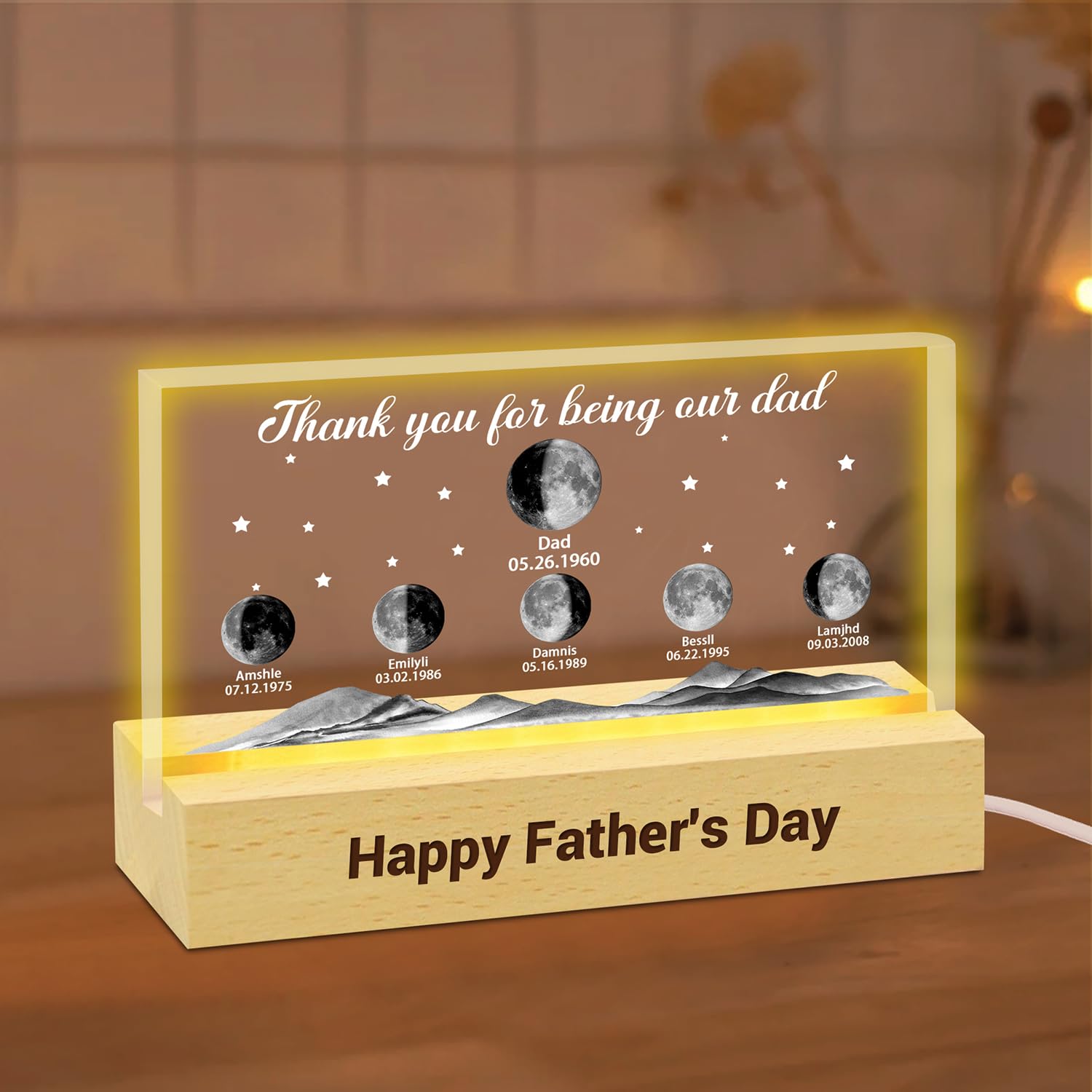 Thank You for Being Our Dad Personalized Moon Phase Picture Frame LED Light, Custom Father's Universe Photo Frame, Daddy's Sky Lamp, Birth Luna Picture Moon Phases Lamp Gifts for Dad On Fathers Day
