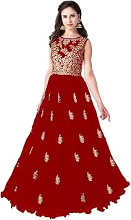 Multi Color Heavy Soft Net Fabric Embroidery Work Round Neck Sleevesless Long Semi Sticthed Gown For Women