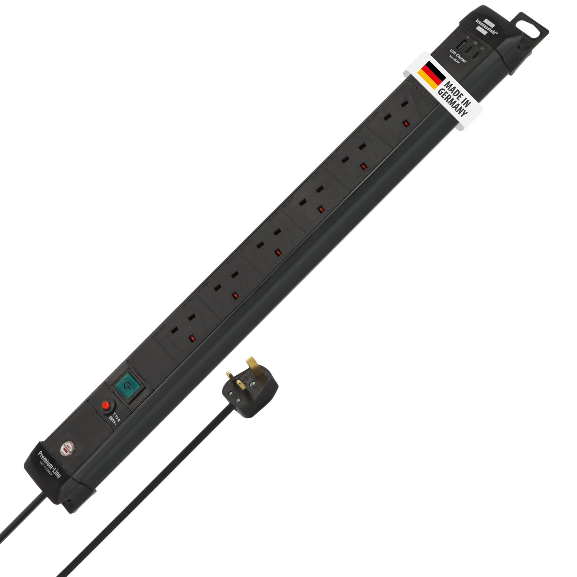Brennenstuhl Premium-Line 6-way Power Strip with 2x USB C PD 65W and USB A 18W (Made in Germany, Extension Lead with switch, 3m cable and Safety Fuse Button, Power Extension for wall mounting) black