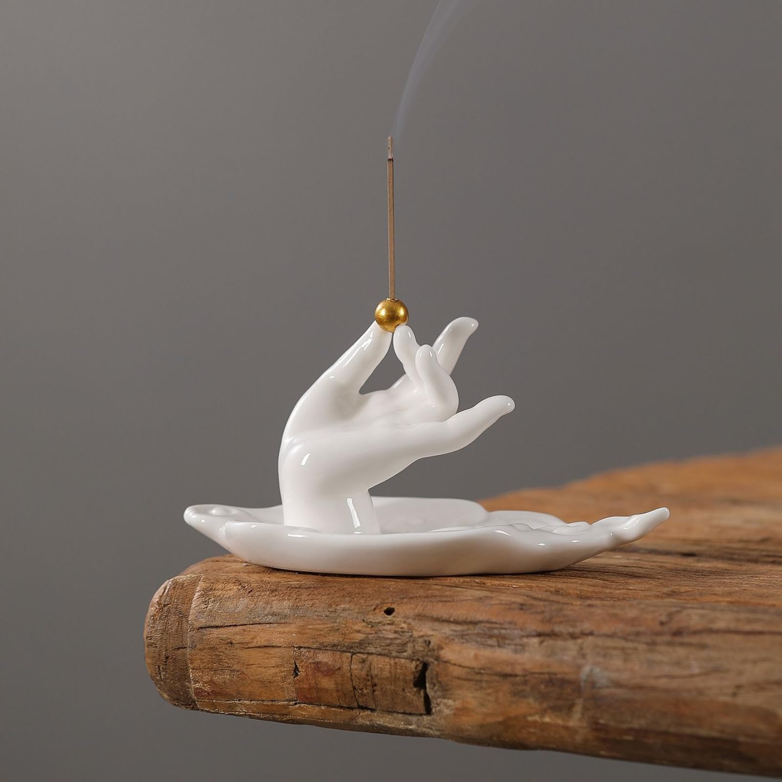 Porta incenso, 16,5 cm / 6.4in, in porcellana bianca, mano di Buddha