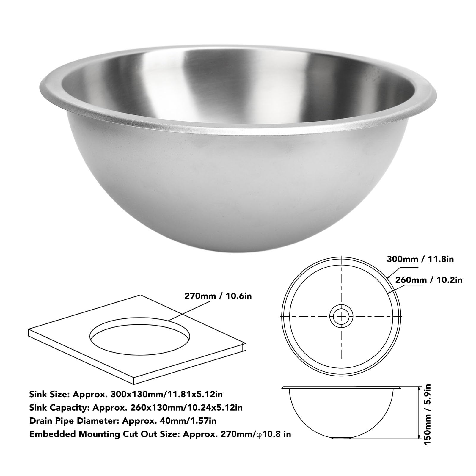 Lavello Cucina per in Acciaio Inossidabile Lavello Ovale Rotondo 11,8 Pollici a Vasca Singola per Yacht per Barche, Lavandino per Lavandino per Bagno Lavabo