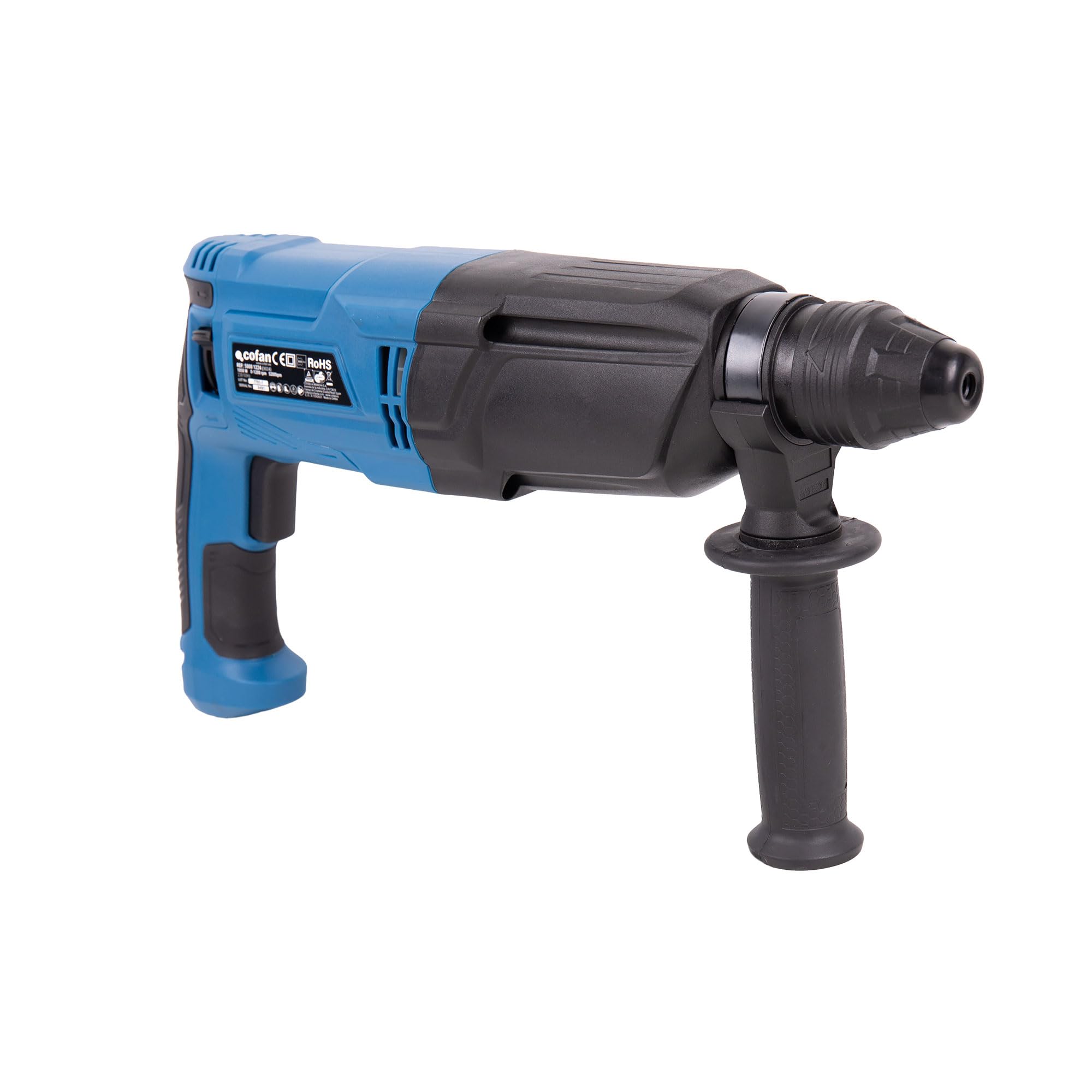 Cofan Martillo Perforador SDS-Plus 1050 W; Energía de Impacto 3;2 J; Martillo Demoledor 5200 bpm; Taladro Percutor con Cable 1200-5200 rpm; 4 funciones; Incluye 3 Brocas y 2 Cinceles