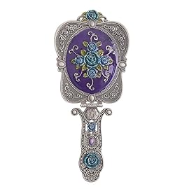 Nerien Vintage Metal Handheld Makeup Mirror with Comb - Russian Embossed Rose - Travel Portable Foldable Mirror - Decorative Tabletop Stand - Antique Pewter