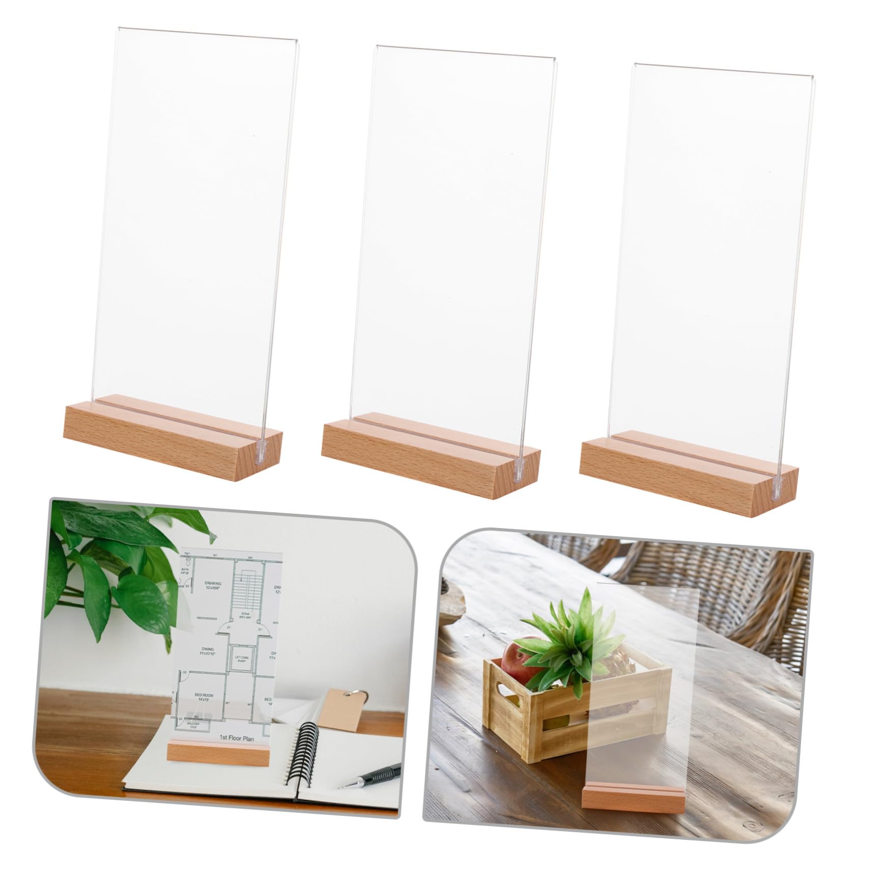 5 Piezas Soporte Vertical Acrílico para Menús con Base Madera T Exhibidor Transparente para Mesa Restaurante Oficina y Eventos