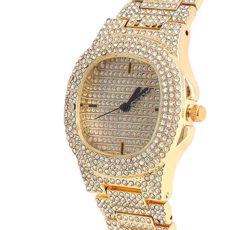 Image of Haute Sauce Women's The Embellished Cluster Square Watch | Gold Stainless Steel Strap | Crystal Silver Dial | One-Size | Foldover Closure | Quartz | Battery | Wrist Belt Watch for Female and Girls