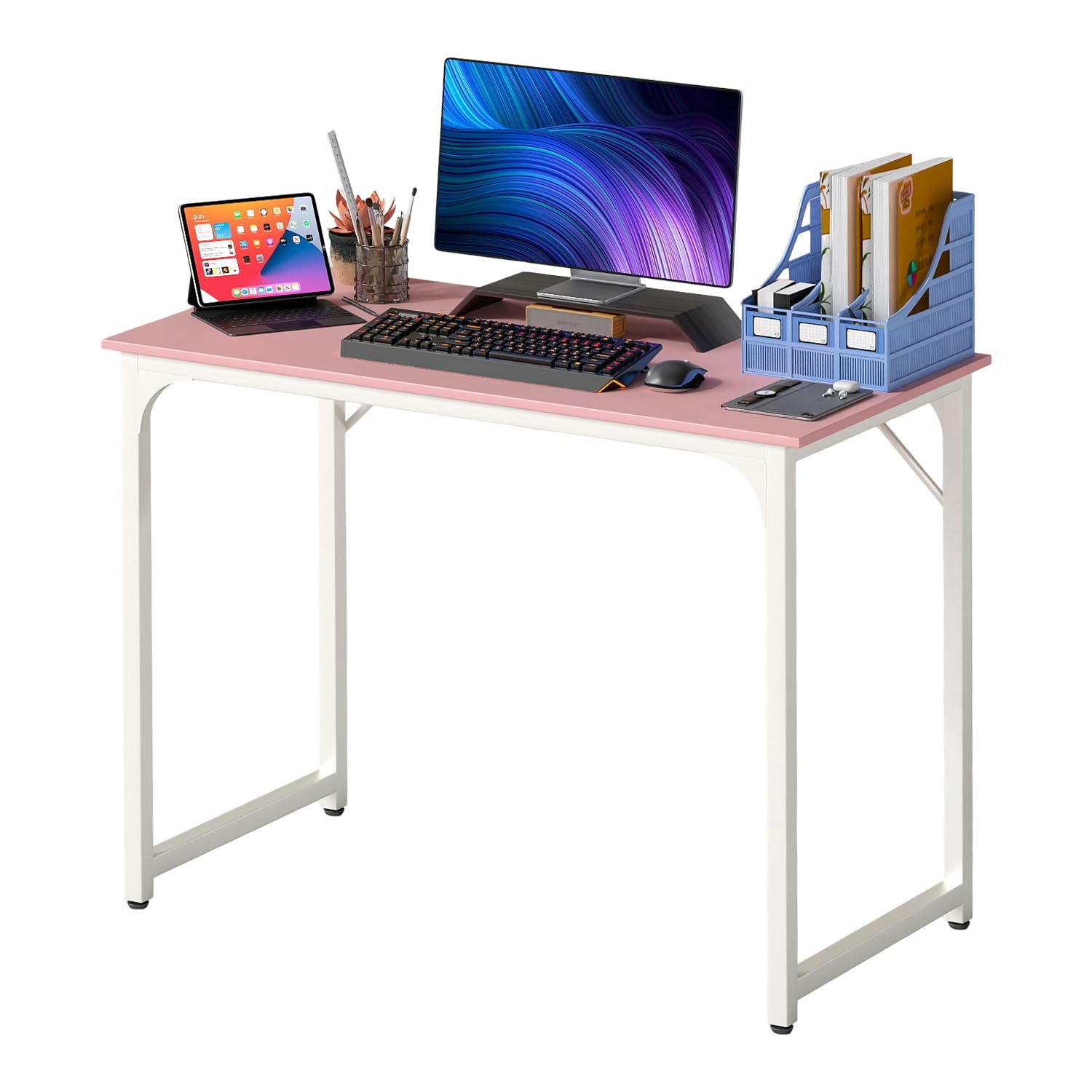 PayLessHere | 39 Inch Computer Desk | Pink | Office Desk with Metal Frame, Adjustable Feet | Water-Resistant, Scratchproof Surface | Sturdy Writing