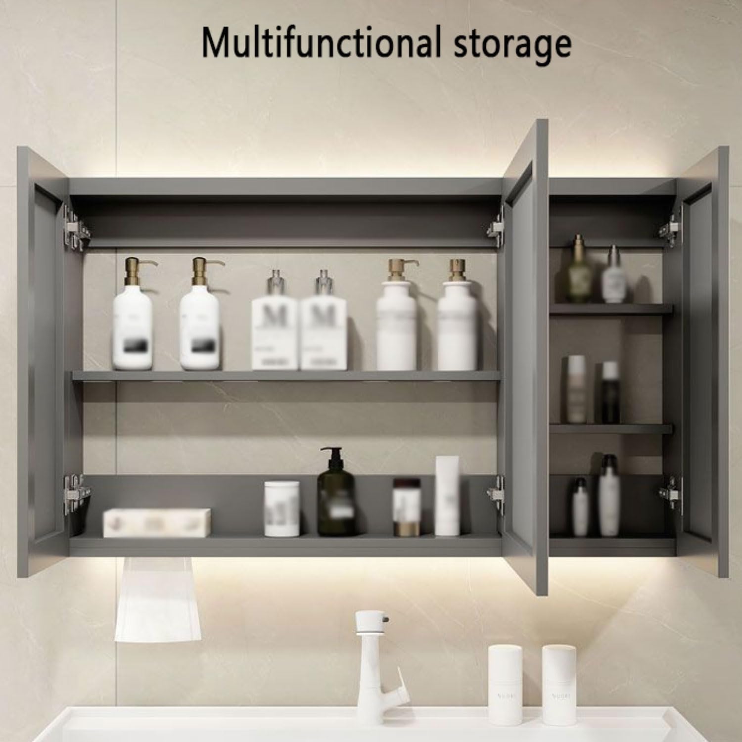 Wandmontierter Smart Badezimmer-Spiegelschrank mit LED-Defogger, stufenloses Dimmen, Lagerzeit und Temperaturanzeige, perfekt für Make-up und Pflege