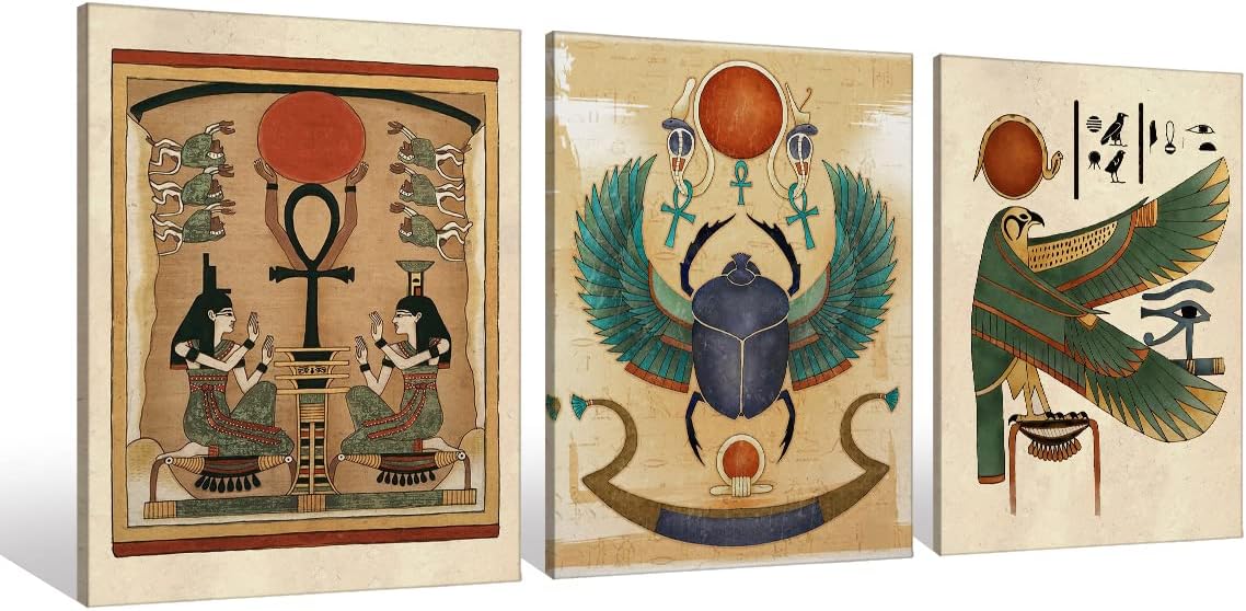 Vintage Ancient Egyptian Hieroglyphs Mythology Wall Art Prints Artwork Signs Framed For Home Bedroom Living Room College Dorm Decor, 11 X 14 inch Set Of 3,Gift For Ancient Culture Lovers