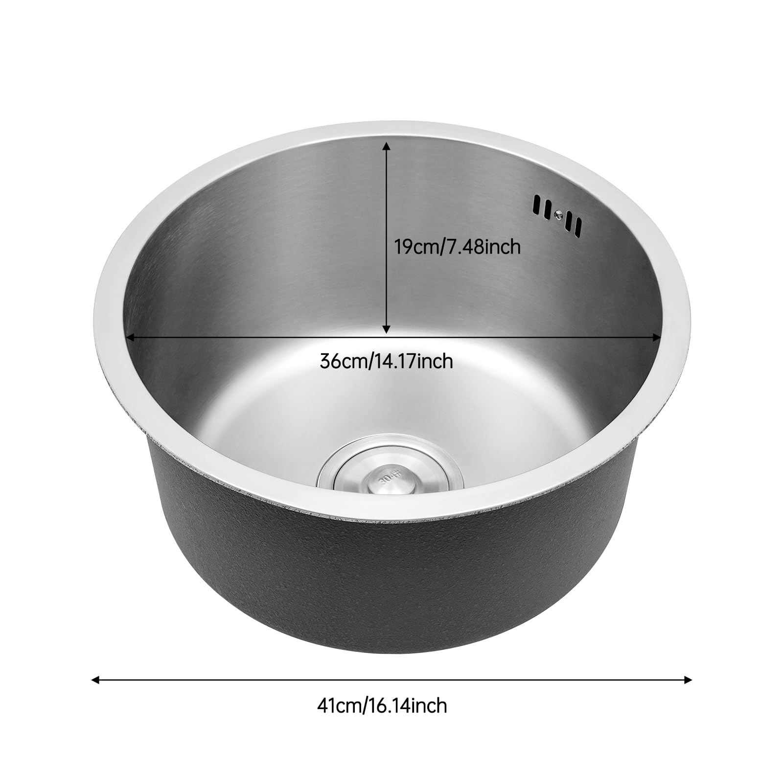 Lavello Rotondo in Acciaio Inox 304, Lavandino Circolare 38x38cm, Lavello da Cucina con Cestello Filtrante 10cm, Scarico e Tubo di Trabocco in Acciaio Inox per Ristoranti, Hotel
