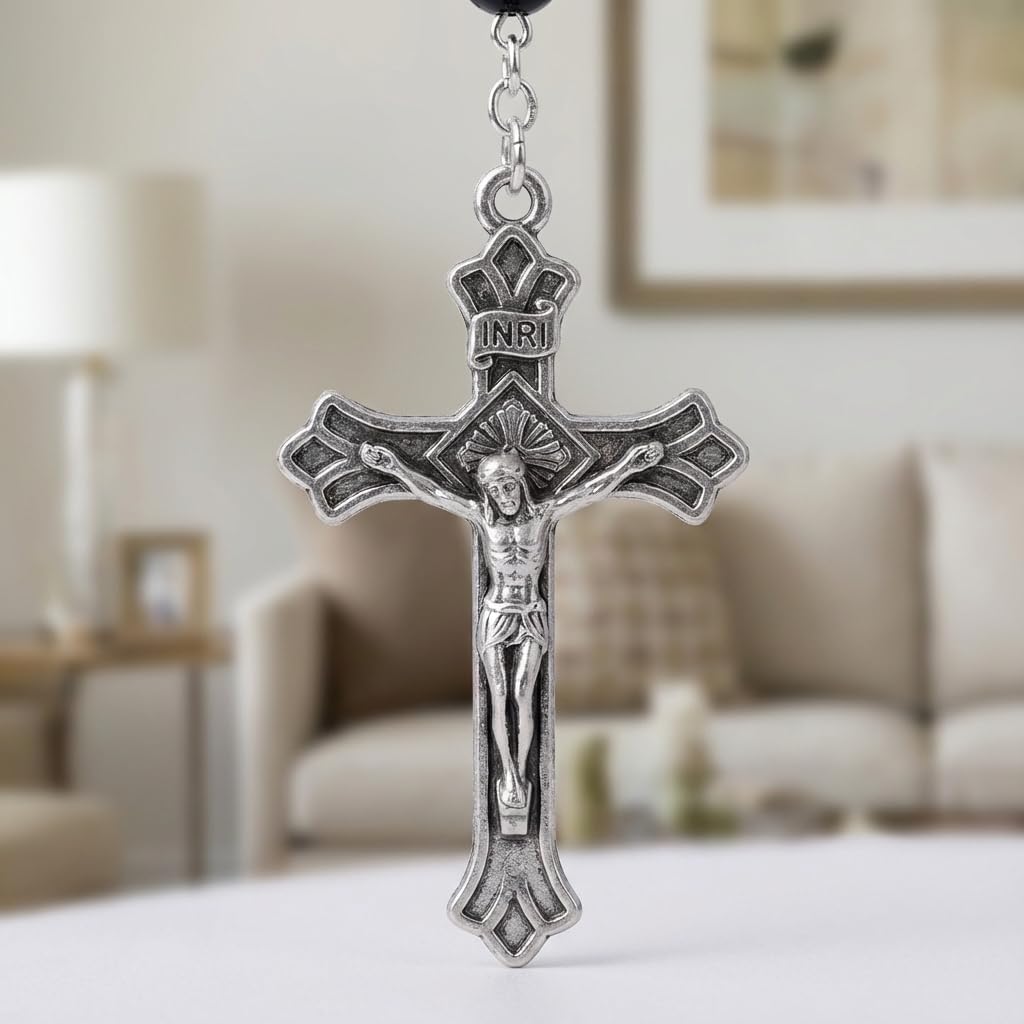 6mm Glass Pearl Catholic Rosary for Men and Women: Our Lady of Guadalupe Icon/O Mary Conceived Without Sin Pray for Us/Black Hematite Beads with St. Benedict Medals,Crucifix Centerpiece & Premium Metal Gift Box,Timeless Spiritual Treasure - Image 4