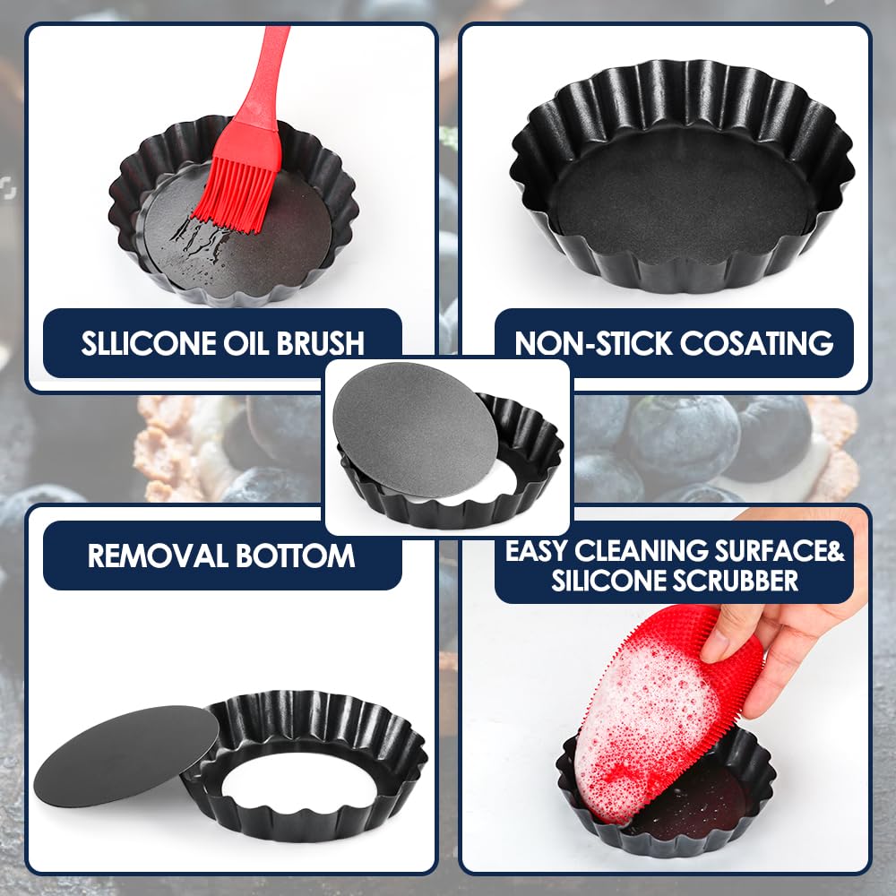 Quyimy 8 Packs 10cmTart Tins Quiche Dish Tart Pans 4 inch Removable Bottom Round Fluted Quiche Tins Non-Stick Round Carbon Steel Individual Pie Dishes with Oil Brush&Silicone Scrubber - Image 4