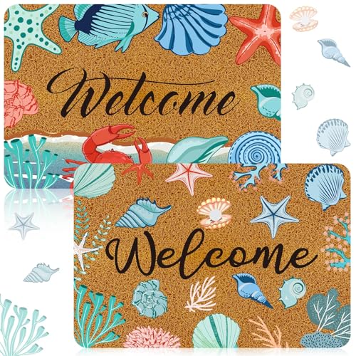 Moucuny 2 Pcs Coastal Beach Coir Door Mat Holiday Coastal Doormat 15.75 x 23.62 Inches Non Slip Entrance Coir Rugs for Farmhouse Home Kitchen Front Outdoor Indoor Summer Welcome Beach Rugs