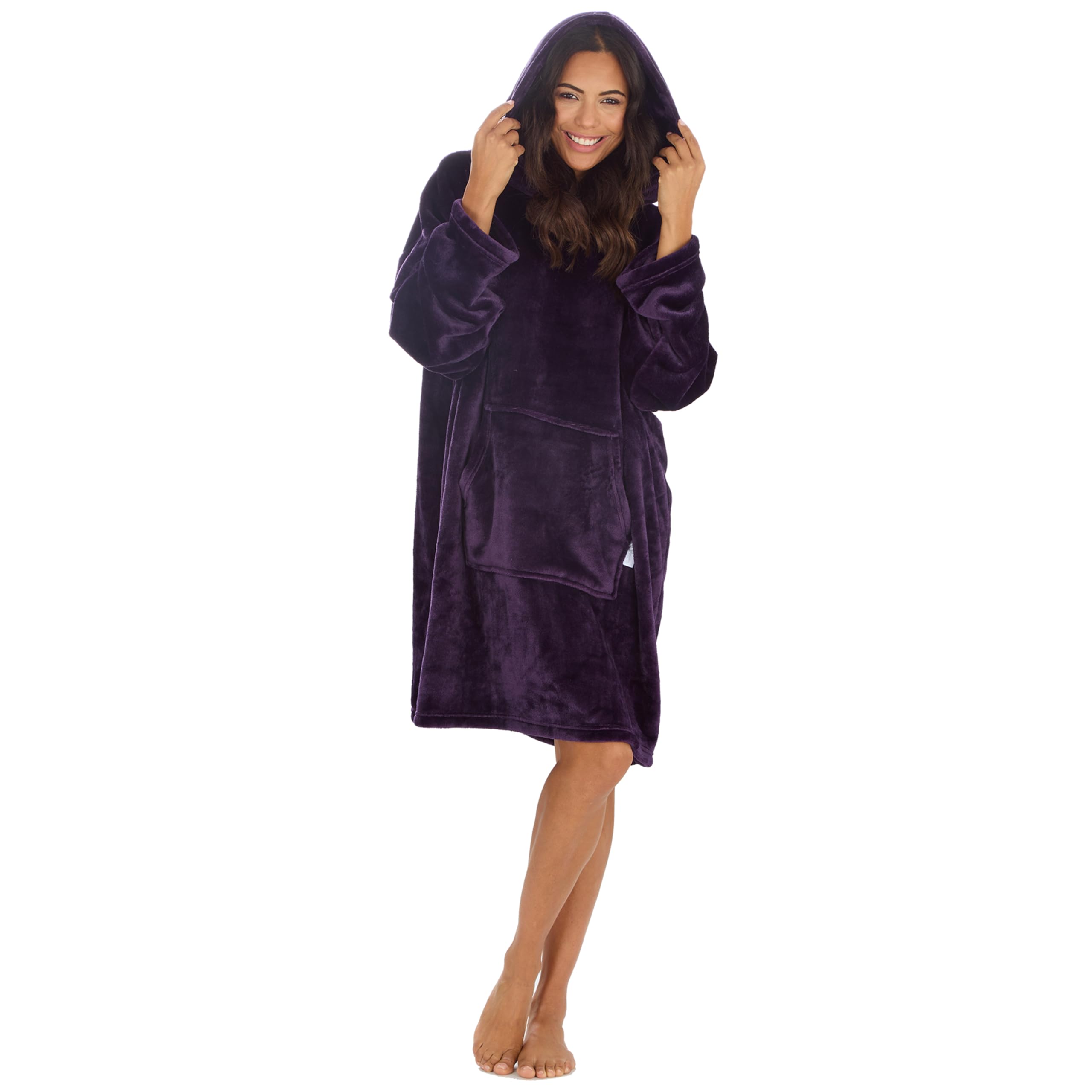 WS-AW24 Ladies Oversized Blanket Hoodie Kangaroo Pocket Hooded Wearable Blanket Plush Fleece PurpleOne Size