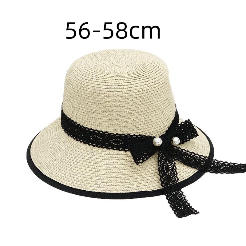 Sombrero de Paja de Verano para Mujer,de ala Ancha,Ligero,con Lazo de Encaje de Perlas,Plegable,Transpirable,para Playa,para Actividades Al Aire Libre