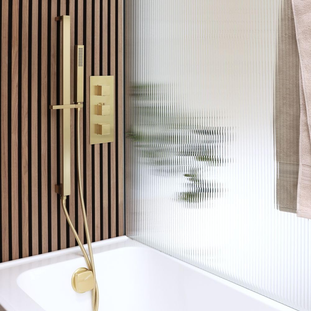 Milano Lyra Thermostatic Mixer Valve Overflow Bath Filler Riser Rail Hand Shower - Brushed Brass