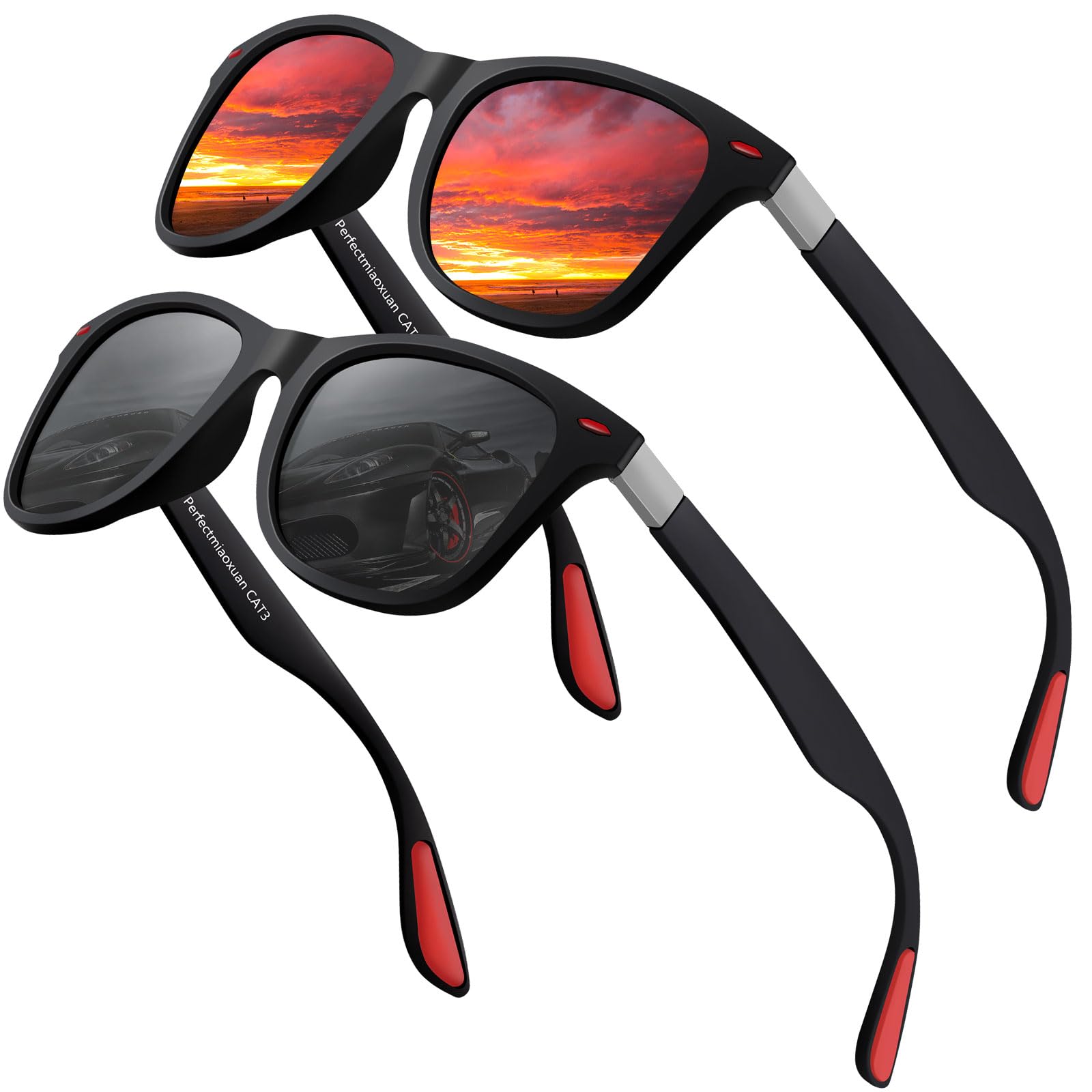 Polarized Sunglasses Mens Womens Cool Fishing Driving Hiking Ultralight Retro Wrap Around Travel sun glasses UV Protection 2pack(black+red)