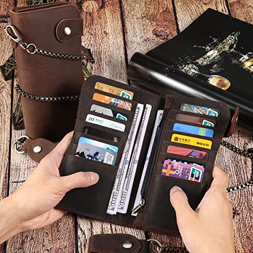 JOYIR Vintage Brown Crazy Horse Leather Wallet for Men with Detachable Chain, RFID Blocking Biker Long Wallet Holds Phone, Cash & 14+ Cards, Retro Motorcycle Rfid Wallet2