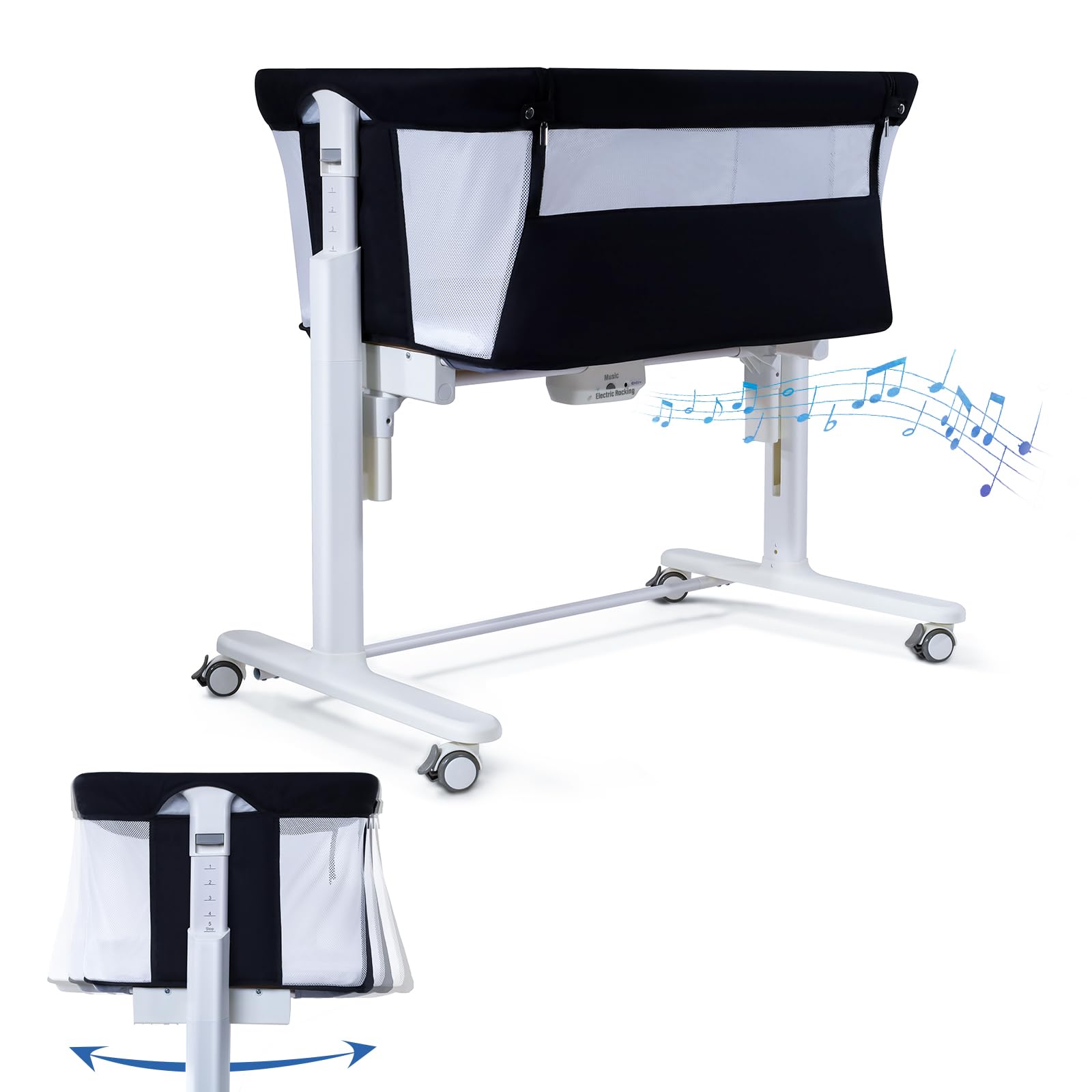 Electric Bassinet for Baby, 3 Speeds Automatic Rocking Bassinets with All mesh, 5 Height Adjustment Bedside Crib for Nweborn, 8 Music, Wheels, Black