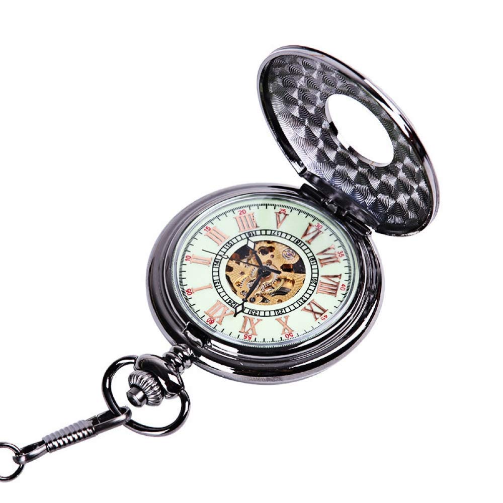 Desconocido Reloj de Bolsillo, Cadena Gruesa Negra Grande Tallada Encaje Ahuecado Reloj de Bolsillo clásico mecánico Luminoso