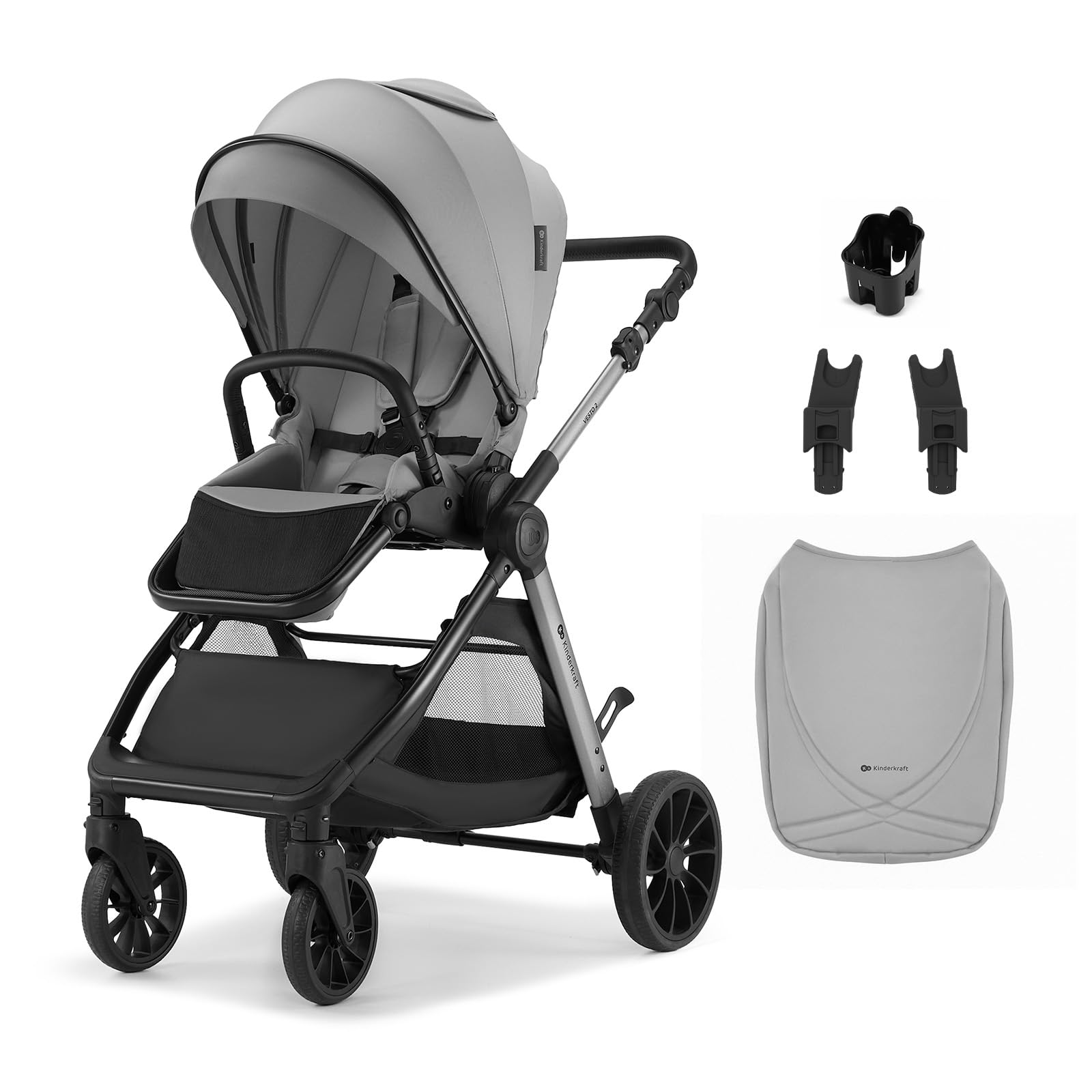 Kinderkraft VESTO 2 wózki dziecięce 2 w 1 do 22 kg, dwustronne siedzenie, kompaktowe składanie jednoręczne, system podróży, pełne zawieszenie, akcesoria w zestawie, szary