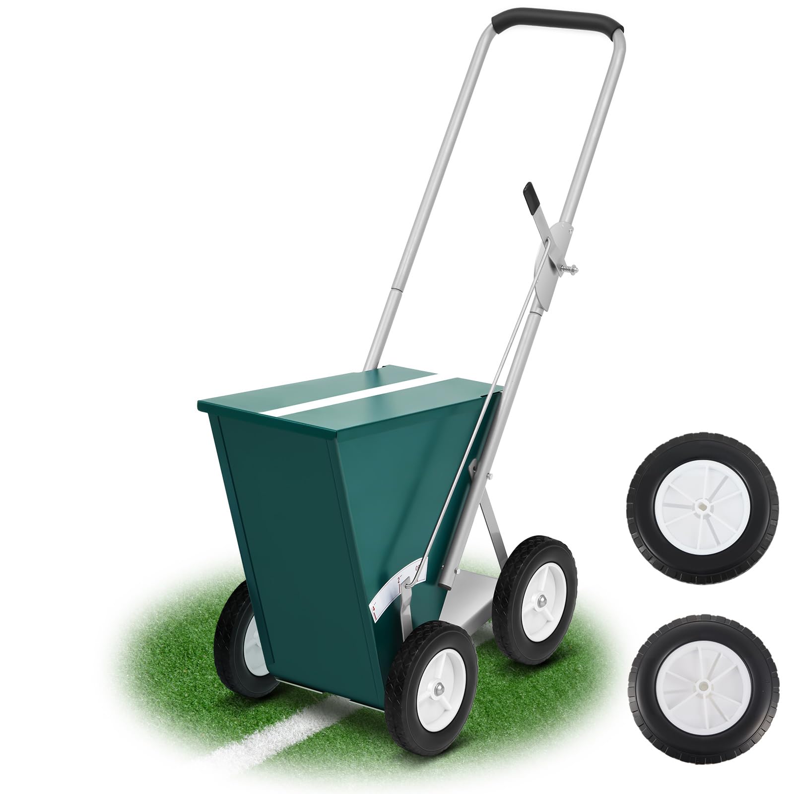 PullCrease 50 Pound Capacity Green Baseball and Softball Field Dry Line Chalker, Wheeled Heavy Duty Steel Infield Dry Line Marker Machine, Standard Athletic Field Chalk Line Machine 2