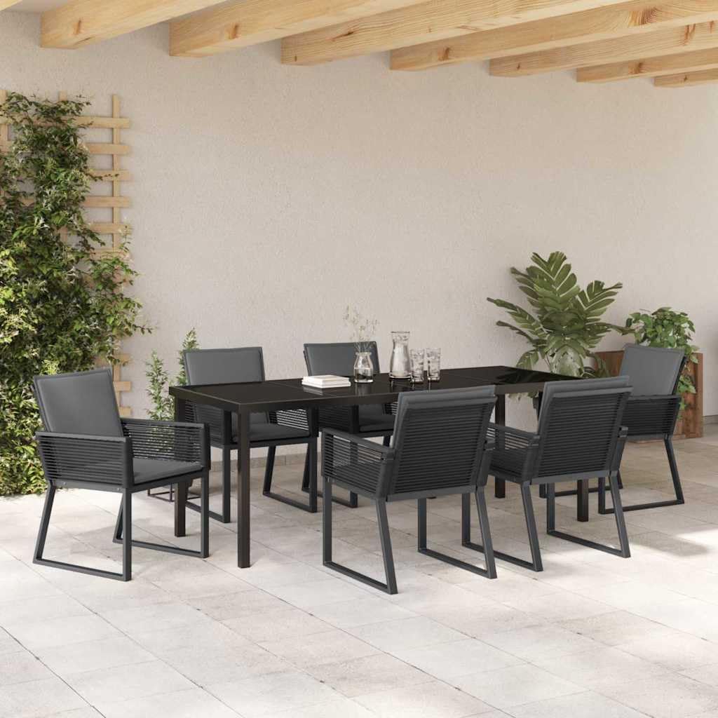 Juego de 7 muebles de jardín de acero recubierto de polvo negro, polirratán con cojines, 6 plazas, resistente a la intemperie, para terraza, balcón, resistente a los rayos UV, fácil de