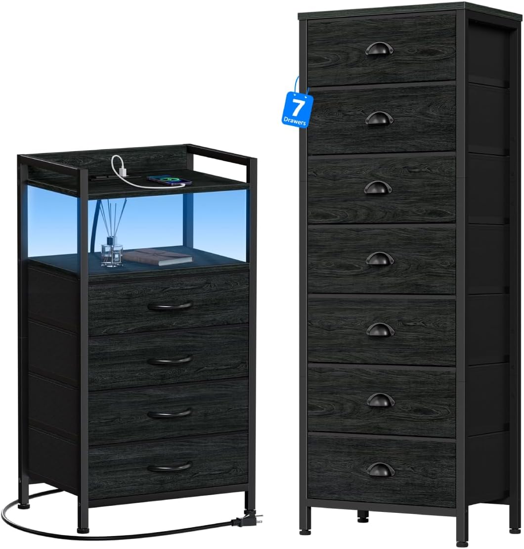 Furnulem 7 Drawer Dresser for Bedroom,Black Dressers & Chests of Drawers with Fabric Bins,Black Nightstand with Drawers and Led Light