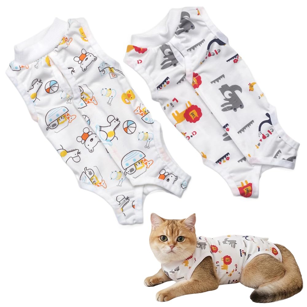 2PCS Cat Protective Bodysuit Size Medium Dog Abdominal Protector Vest, Breathable Cone E-Collar Alternative with Animal Prints, for Pet Owners, Indoor Home Care Observation Routine (L)