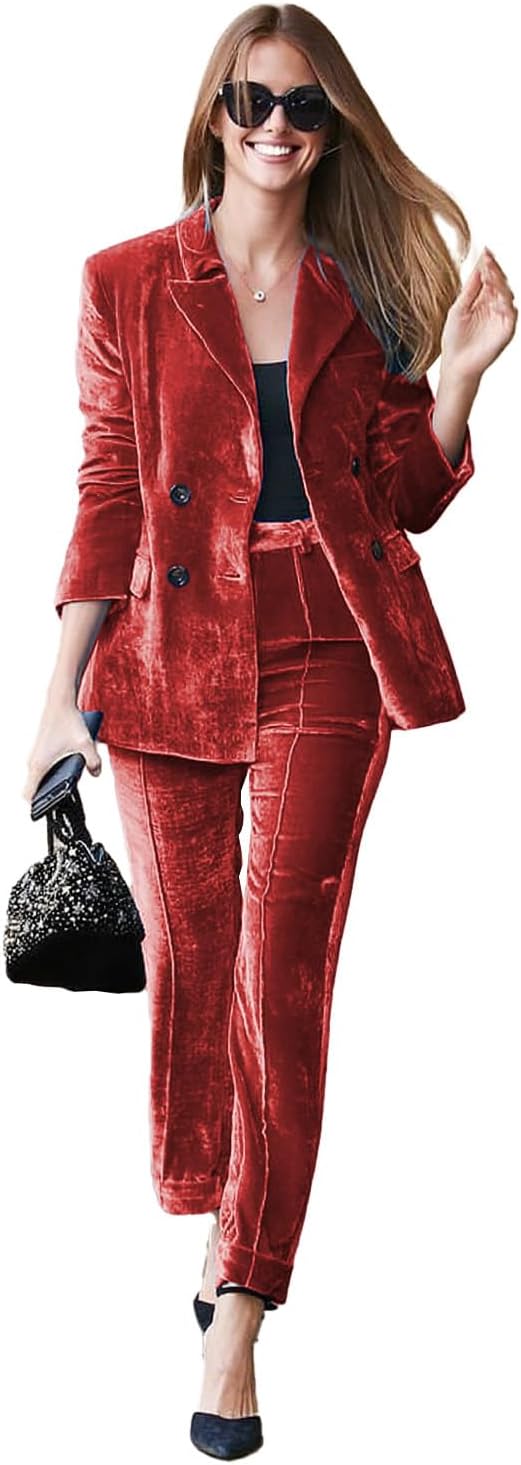 Women's 2 Piece Velvet Suit Streetwear Fall Clothes Business Suit Wedding Tuxedo Blazer Jacket Pants Set