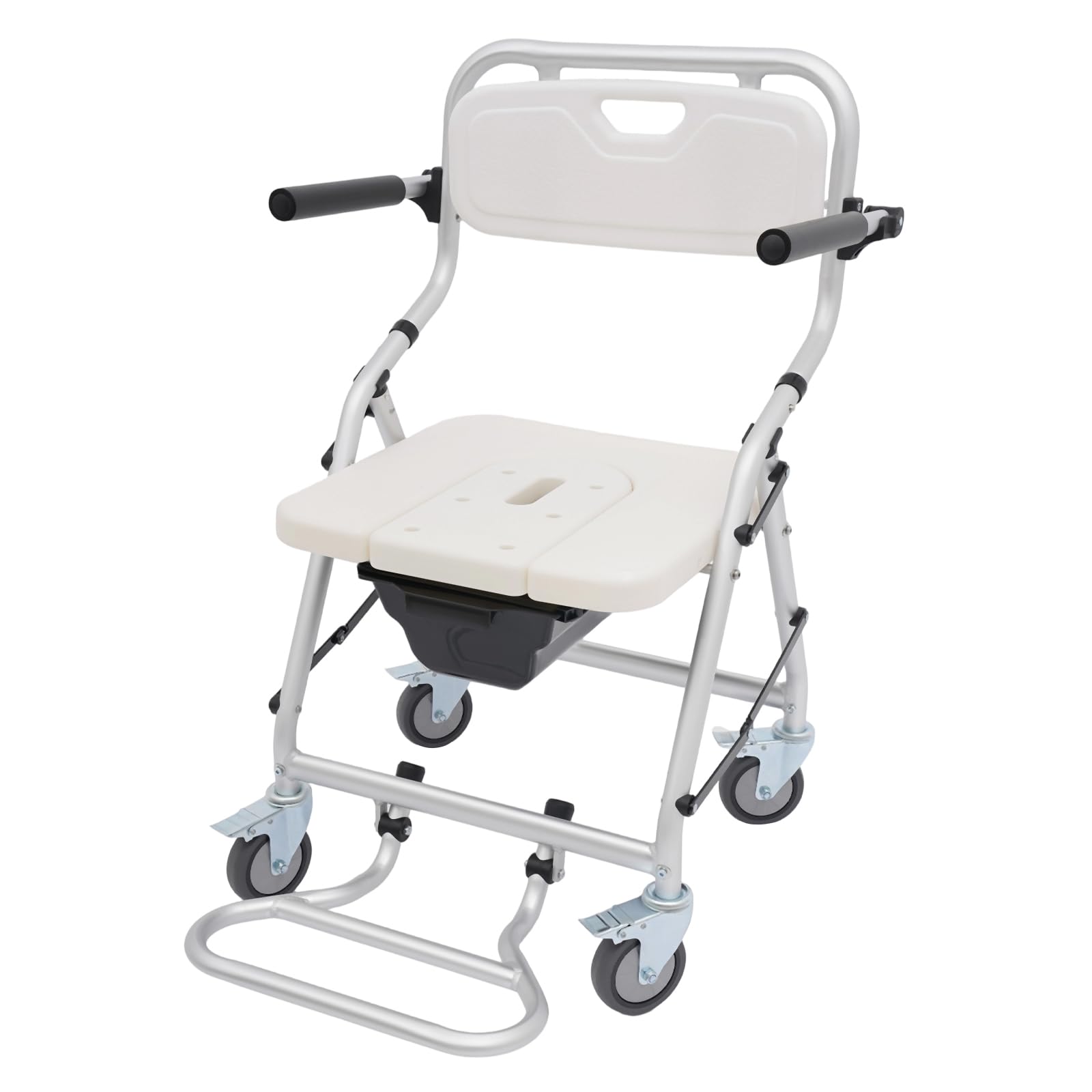 Taburete de ducha plegable con ruedas, silla de ruedas con accesorio de inodoro, 150 kg, soporta 4 ruedas con frenos, aleación de aluminio, impermeable, para personas mayores y con movilidad reducida