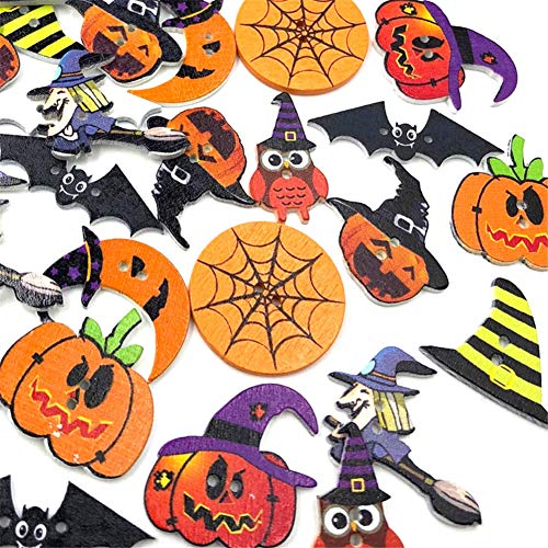 Mscftfb 100 Pieces Halloween Wood Buttons Pumpkin Witch Spider Bat Owl Shaped Wooden Buttons 2 Holes Buttons For Sewing Knitting Scrapbooking Diy Halloween Decorative Embellishments #TOP1