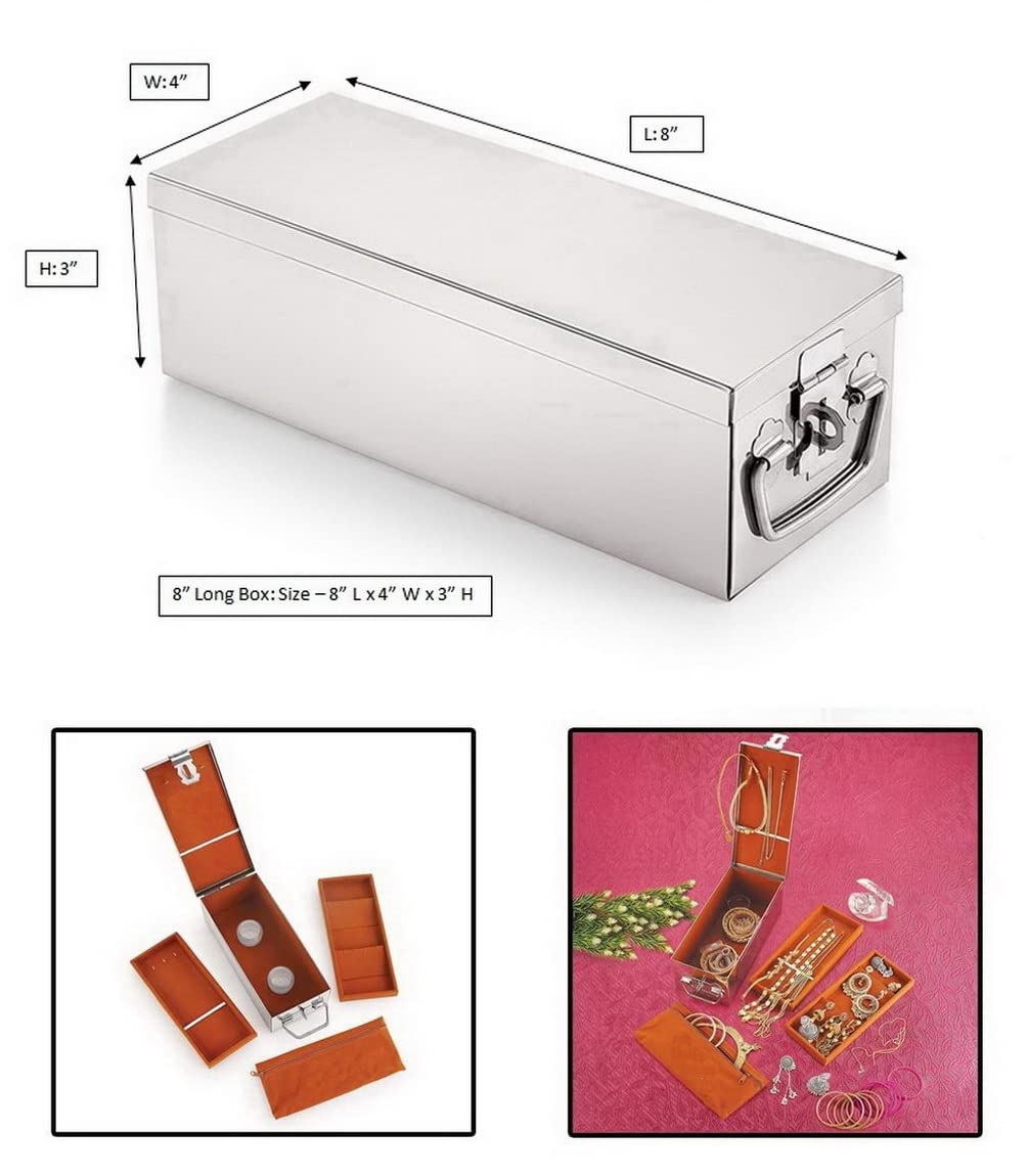 JAYCO Stainless Steel Jewellery Box for Ornaments - Bank Locker Safe Storage Container Cash Peti with Cushion - with Velvet Lining and Tray (SMALL (8" Long x 4" Wide x 3" Height)) 1
