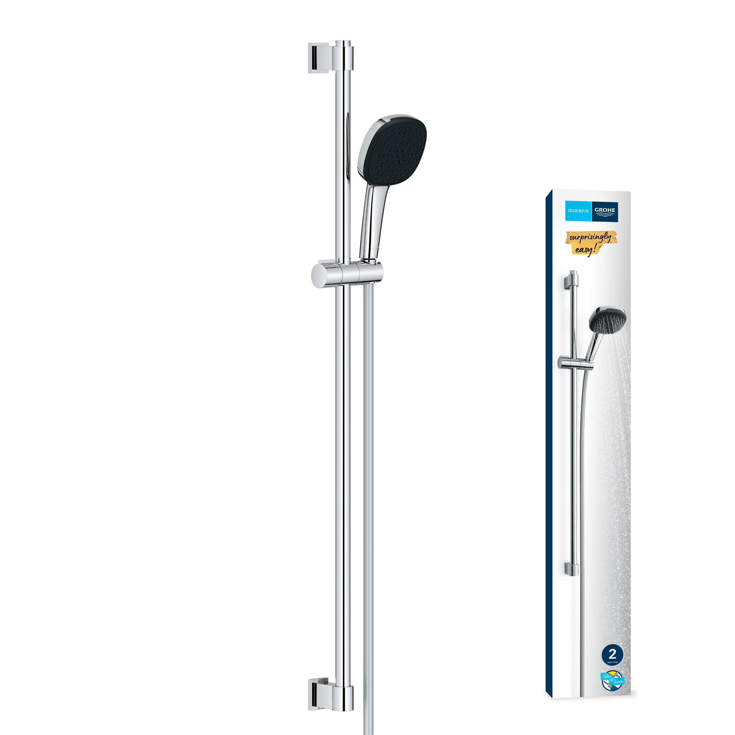 GROHE Vitalio 110, Duschset, 14l pro Min (Duschstangenset mit: Duschkopf 2 Strahlarten, 1,75m Schlauch, Duschstange 90cm, zum Kleben oder Bohren, ohne Kleber), eckig, chrom, 26931001