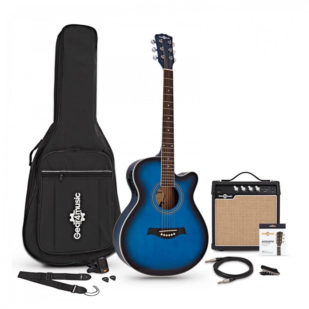 Gear4music Chitarra Elettroacustica con Amplificatore 15W Pacchetto per Principianti Blu | Tavola in Abete con Fasce in Sapele, Preamplificatore Integrato con Pickup Sotto Sella, Ampli 15W, Blu