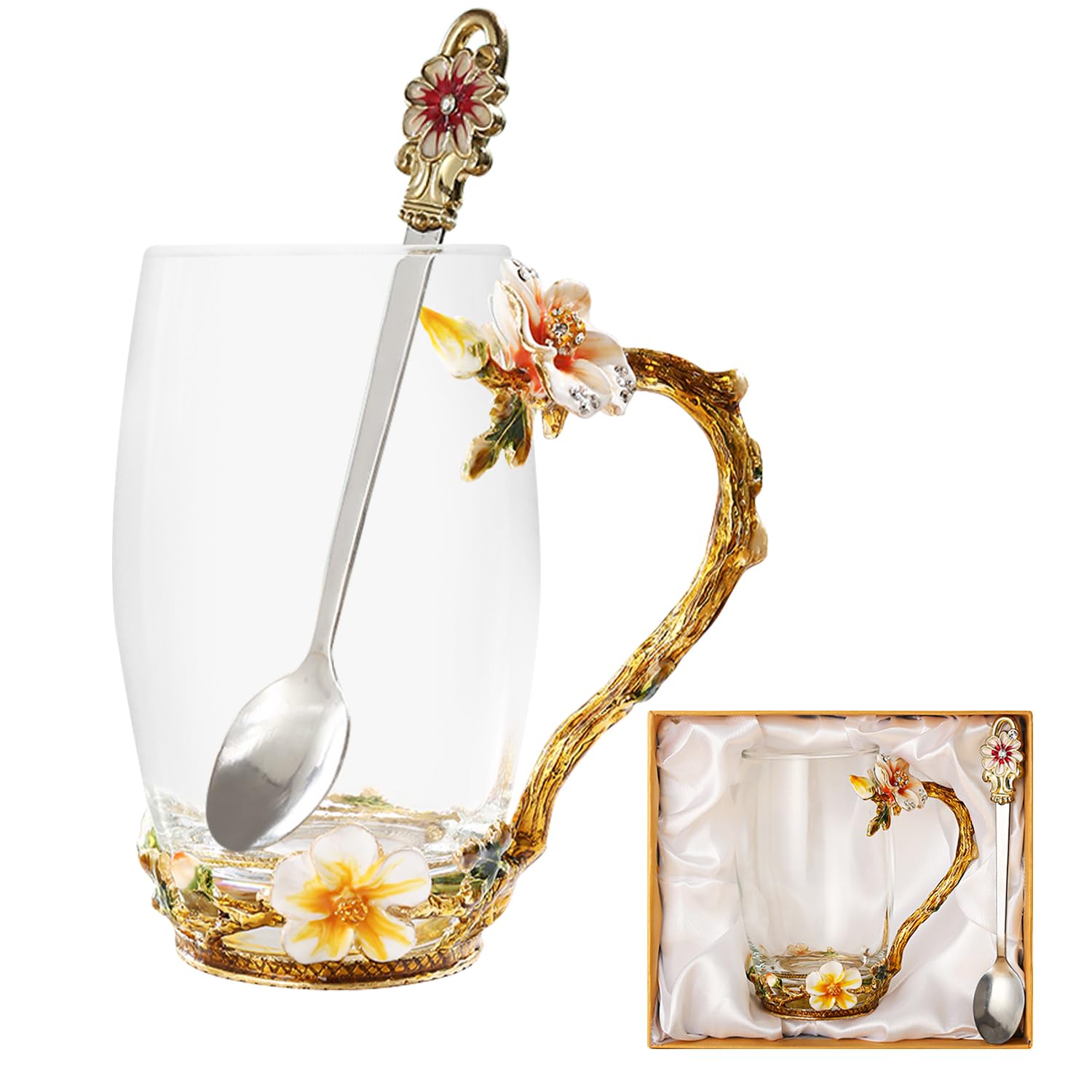 Juego de Taza de Café y Taza de Té con Mango de Cuchara Taza de Zumo Caja de Regalo Hecho a Mano Bonito Regalo de Flor para Cumpleaños Navidad, Alto y Amarillo - alto y amarillo